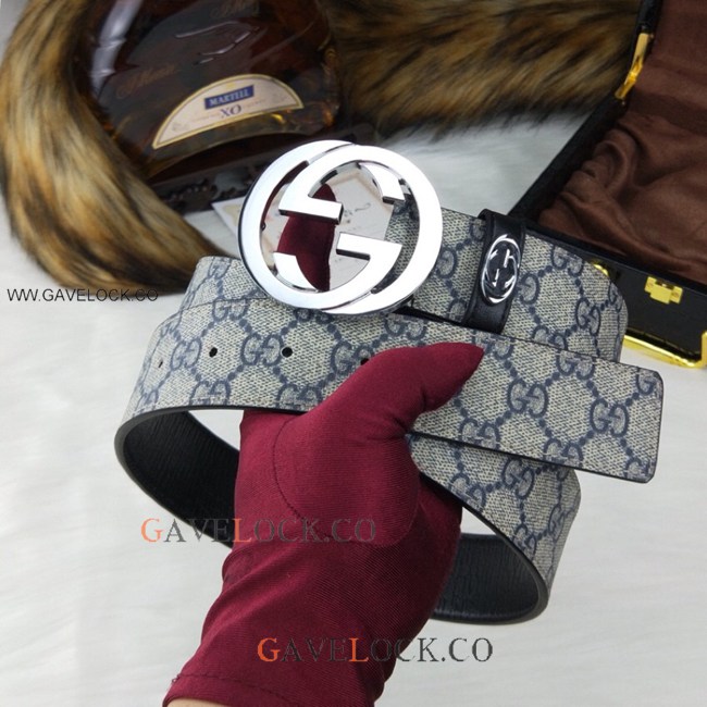 Gucci Leather Belt Grey Monogram Double G Gold Buckle